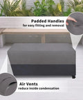 Patio Coffee Table Cover For Small Outdoor Rectangular Table Built Tough Waterproof And UV Resistant Weatherproof 48 X 28 X 16 Inches Gray And Dark Gray Fade Resistant 600D Oxford Fabric shown on patio.