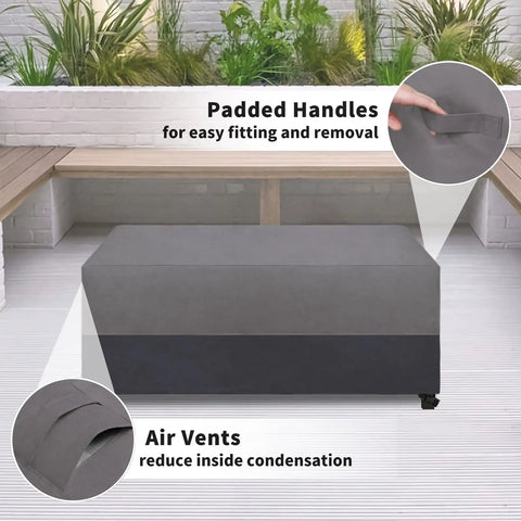 Patio Coffee Table Cover For Small Outdoor Rectangular Table Built Tough Waterproof And UV Resistant Weatherproof 48 X 28 X 16 Inches Gray And Dark Gray Fade Resistant 600D Oxford Fabric shown on patio.