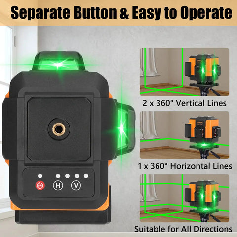 Green Laser Level Self Leveling Tool With 12 Line Lasers And 360 Degree Horizontal And Vertical Beams 150ft Range Cross Line Accuracy Wall Bracket And Remote Control For Fast Precise Room Layouts showing controls and beam directions