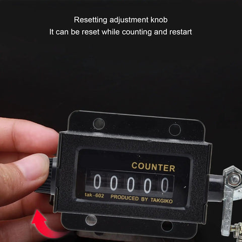 5 Digit Mechanical Tally Counter With Resettable Manual Pull Stroke 0 To 99999 Glass Mirror Surface, showing reset knob and display.