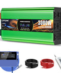 Beefy 3000 Watt Pure Sine Wave Inverter For Vehicle RV Truck And Off Grid Power Converts DC 12 Volt To 120 Volt AC With Four AC Outlets USB C 20W Fast Charge And USB 5V 3.1A Remote And Panel Control Plus Surge Up To 6000 Watts features inverter, control panel, cables, and remote.