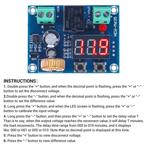 Low Voltage Protector For DC 12-36V, 20A Cutoff Switch With Over Discharge Protection, Battery Controller Module For Lead Acid And Lithium Batteries In Off-Grid Solar Panel Lighting Systems on blue circuit board