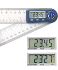 Top Shelf Heavy Duty Digital Angle Finder And 2 In 1 Digital Protractor With Seven Inch Stainless Steel Ruler showing LCD readings.