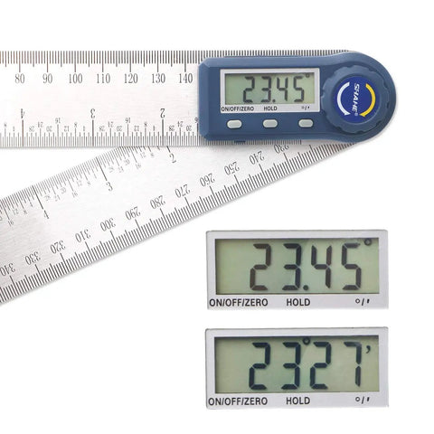 Top Shelf Heavy Duty Digital Angle Finder And 2 In 1 Digital Protractor With Seven Inch Stainless Steel Ruler showing LCD readings.