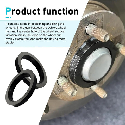 Four Pack Car Hub Centric Rings For Buttery Smooth Rides, 60.1 To 73.1 Mm Wheel Adapter. Close-up of black hub rings installed on wheel.