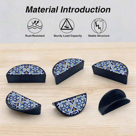 Blue Moroccan Pattern Boho Cabinet Handles Two Pack 3 Inch Hole Center Semicircle Drawer Pulls Solid Zinc Alloy Hardware For Kitchen Bath And Dresser Black Finish displayed on wooden surface