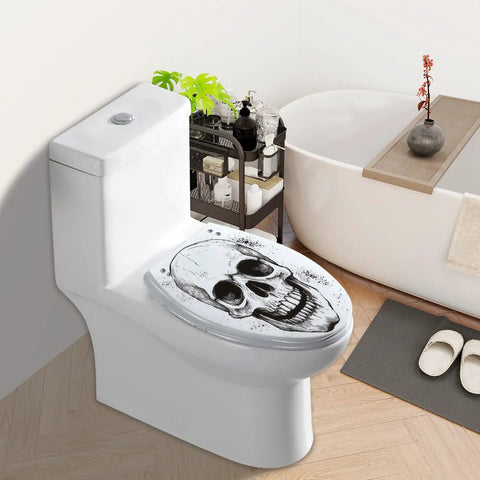 Elongated Resin Toilet Seat for Bathroom featuring a skull design, measuring 18.5 inches, on a modern toilet in a stylish bathroom.