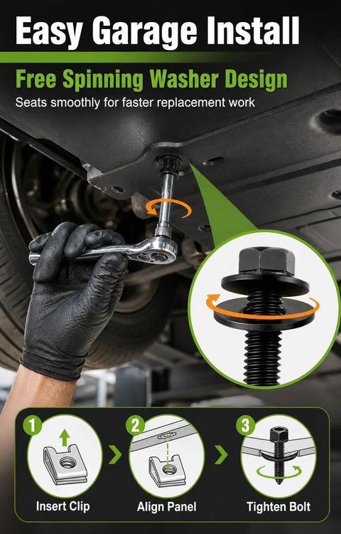 One Quarter Inch Body Bolts U Nut Clips Kit With Hex Head Fender Screws For Automotive Repair, DIY Friendly Black Phosphate Fasteners Set To Replace Missing Or Rusted Factory Fasteners On Everyday Projects, garage install diagram