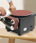 Mini Belt Disc Sander With Spindle Sander, 3 In One Mini Bench Grinder Machine For Metal Wood Stone Grinding in use on a table.