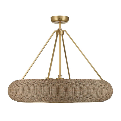 Stunning Handwoven White Seagrass Fandelier Ceiling Fan With No Sweat Remote And Four Warm Brass Shades For A Super Chill Coastal Living Room Refresh - close-up of woven seagrass lampshade with brass fixtures.