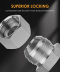 Close-up of galvanized carbon steel plugs from 64-Piece All-In-One 37 Degree Flare Thread Cap And Plug Kit For Hose, Tube And Pipe Fittings In Galvanized Carbon Steel With Precision Threads, Dash Sizes 04 06 08 10 12 16.