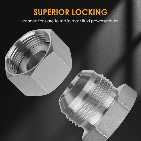 Close-up of galvanized carbon steel plugs from 64-Piece All-In-One 37 Degree Flare Thread Cap And Plug Kit For Hose, Tube And Pipe Fittings In Galvanized Carbon Steel With Precision Threads, Dash Sizes 04 06 08 10 12 16.