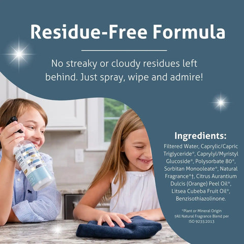 Two children wiping a countertop, showcasing Granite Cleaner And Polish Two 16 Ounce Bottles Pro Grade Formula Streak Free Shine
