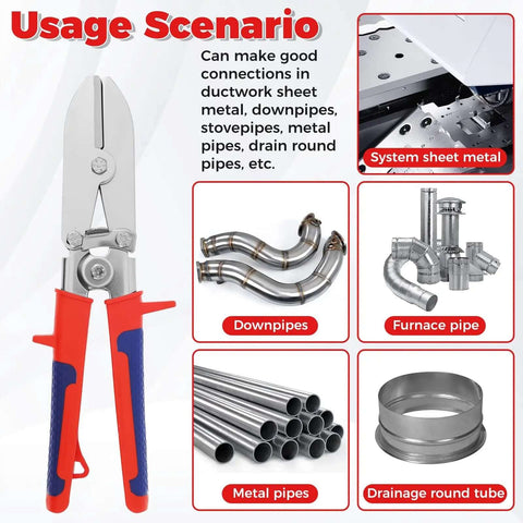 Five Blade Hand Crimper Pro Grade Heavy Duty Rust Resistant Gutter Crimping Tool with Ergonomic Handle displayed with pipe connections
