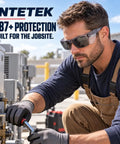 Real Deal Job Site Safety Glasses With Smash Proof Polycarbonate Lenses Anti Fog UV400 Blue Light Blockers Z87 Certified Badass Eye Protection For Crews worn by a worker repairing equipment.