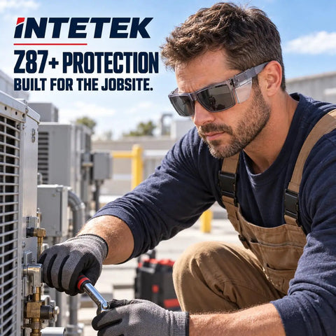 Real Deal Job Site Safety Glasses With Smash Proof Polycarbonate Lenses Anti Fog UV400 Blue Light Blockers Z87 Certified Badass Eye Protection For Crews worn by a worker repairing equipment.