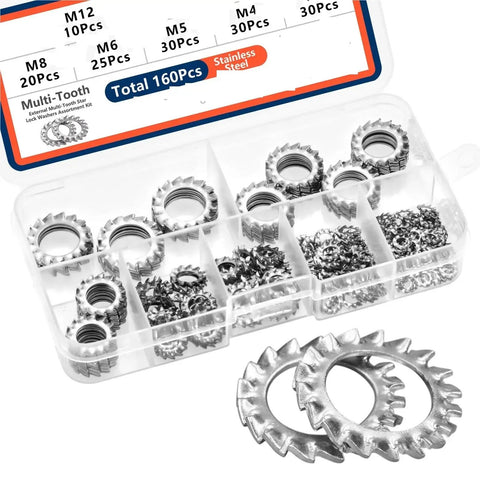 External Multi Tooth Star Lock Washers Set Seven Sizes M3 M4 M5 M6 M8 M10 M12 Three Pack of 160 Pcs Each for Total of 480 Pcs