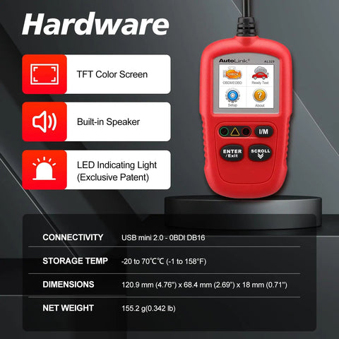 OBD2 Scanner AL329 Upgraded Diagnostic Tool With One Click IM Readiness shown with features and dimensions