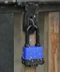 Built-Tough Outdoor Padlock 44mm 1.75 Inch Keyed-Alike, Steel Lock with water droplets on blue weatherproof cover