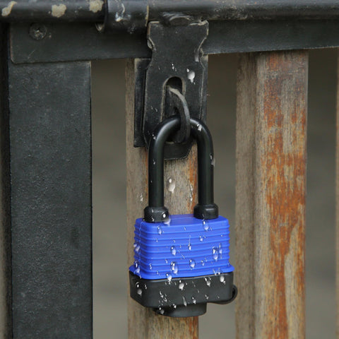 Built-Tough Outdoor Padlock 44mm 1.75 Inch Keyed-Alike, Steel Lock with water droplets on blue weatherproof cover