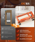 Comparison of two door hinge jigs: one plastic, one labeled 'Axium' made of aluminum with CNC machining details.