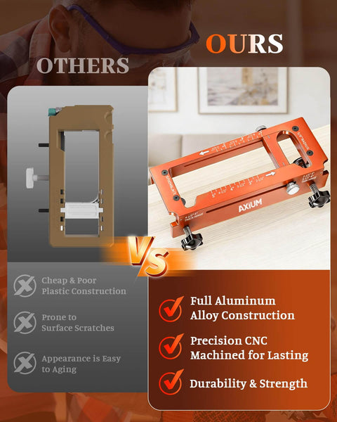 Comparison of two door hinge jigs: one plastic, one labeled 'Axium' made of aluminum with CNC machining details.