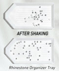 Rhinestone organizer tray showcasing rhinestones before and after shaking, demonstrating alignment for art projects.
