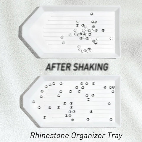 Rhinestone organizer tray showcasing rhinestones before and after shaking, demonstrating alignment for art projects.