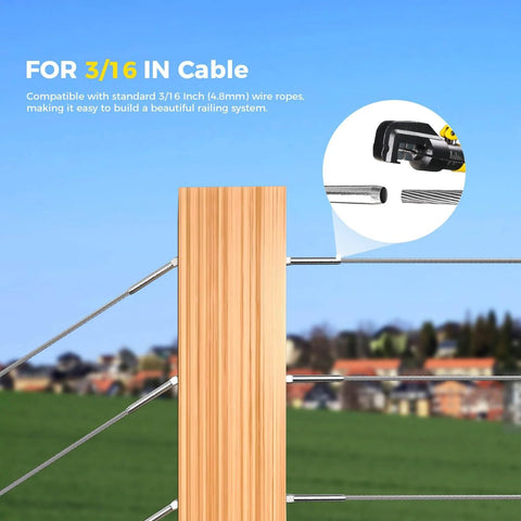 Marine Grade T316 Stainless Steel Cable Railing Hardware Kit For Wood Posts With Right And Left Handed Thread Swage Lag Screws For DIY Deck Cable Railing System Wrench Included 60 Pack 30 Pairs installed on wood post with background view