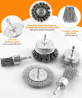5 Piece Drill Wire Brush Set With One Quarter Inch Hex Shank Heavy Duty Carbon Steel Crimped Bristles for rust removal