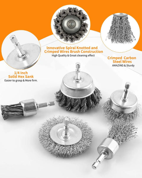 5 Piece Drill Wire Brush Set With One Quarter Inch Hex Shank Heavy Duty Carbon Steel Crimped Bristles for rust removal