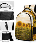 Sunflower Farm Barn Landscape Backpack For Daily Carry And Everyday Use Unisex Large Capacity Daypack with zipper and handle detail.