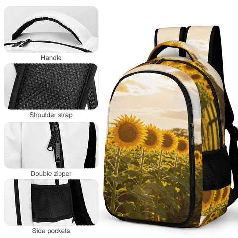 Sunflower Farm Barn Landscape Backpack For Daily Carry And Everyday Use Unisex Large Capacity Daypack with zipper and handle detail.