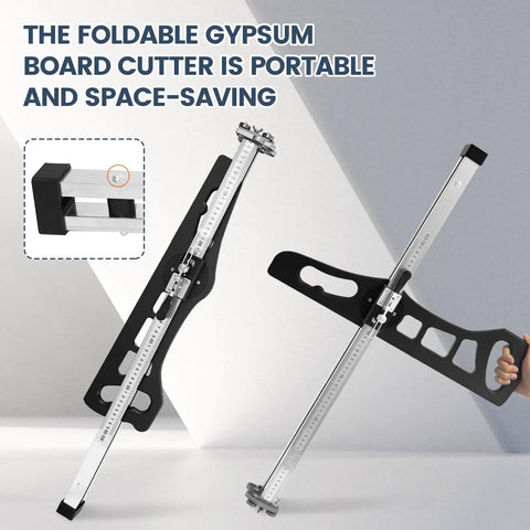 Foldable Drywall Cutter Featuring Adjustable Blade And Dual Scale Ruler With Laser Etched Markings For Quarter Or Three Eighths Inch Gypsum, compact and portable design.