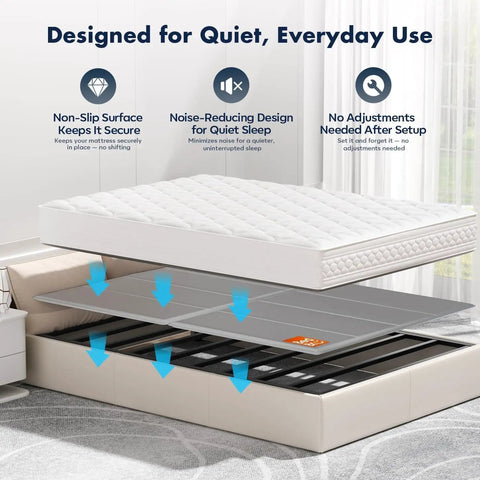 Queen Size Bunkie Board Gray 10mm Low Profile Base For 60X80 Inch Mattresses shown under a mattress for stable support.