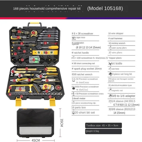 Open 168-piece household repair tool kit with organized compartments, displaying pliers, screwdrivers, sockets, and more.