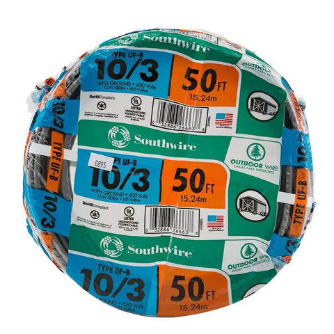 Underground Feeder Cable 10/3 W/G UF-B Type Building Wire Direct Burial 50 Ft Gray Romex Simpull Style packaging