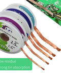Desoldering Wick Braid Kit With Flux, 5 Pieces, 5 Foot Length, Solder Wick Set In 0.06 0.08 0.10 0.12 0.14 Inch Widths, No Clean Low Residue Coated Soldering Wick For PCB Electronics Repair No Fuss spools and braid detail
