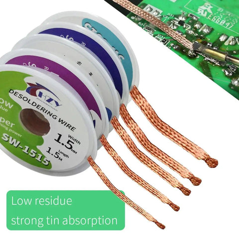Desoldering Wick Braid Kit With Flux, 5 Pieces, 5 Foot Length, Solder Wick Set In 0.06 0.08 0.10 0.12 0.14 Inch Widths, No Clean Low Residue Coated Soldering Wick For PCB Electronics Repair No Fuss spools and braid detail