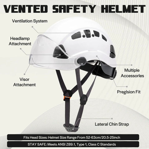 Safety Hard Hat ANSI Z89.1 Approved With Visor All Day Comfort Six Point Suspension For Construction And Forestry Arborist Work ABS And PC Protective Helmet With Clip On Chin Strap And White Clear Visor