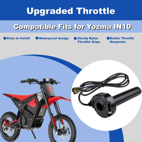IN10 Electric Dirt Bike Twist Throttle Kit with Grips and Rolling Bearing shown with Yozma bike compatibility highlights.