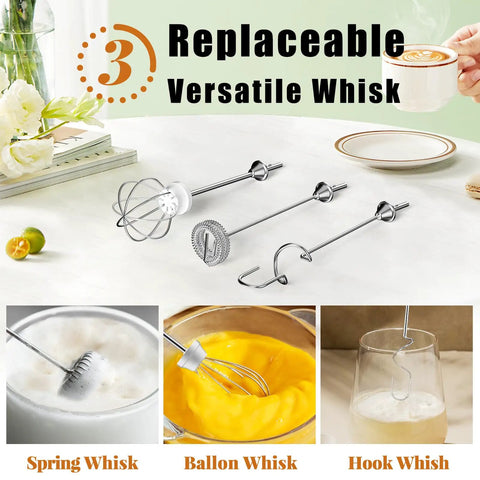 Image showing three detachable whisk heads for a Milk Frother Wand For Coffee, Totally Handheld Rechargeable Electric Whisk With Three Heads And Three Speeds.