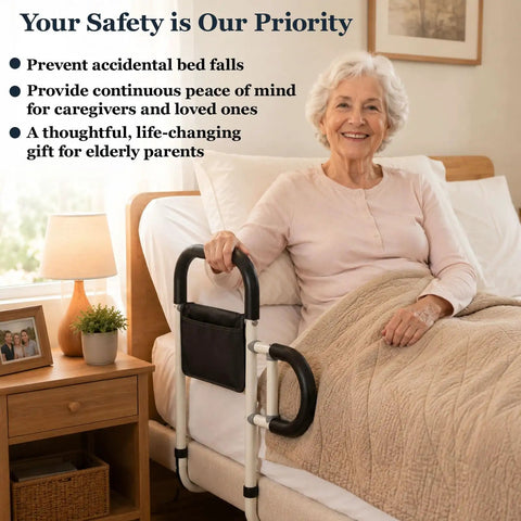 Elderly person using Bed Canes for Elderly and Adults Safety Bed Guard Rails Supports up to 350 Lbs in bedroom setting