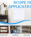 Heavy Duty 12x12 White Drywall Access Panel With Key Lock, showing applications for solenoid and water valves.