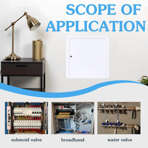 Heavy Duty 12x12 White Drywall Access Panel With Key Lock, showing applications for solenoid and water valves.