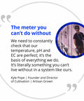 Combo Meter for PH, Temperature and Conductivity in Water With Easy Calibration quote and image of person using the device