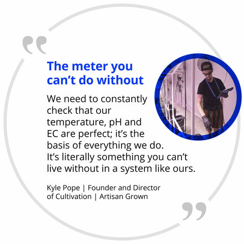 Combo Meter for PH, Temperature and Conductivity in Water With Easy Calibration quote and image of person using the device