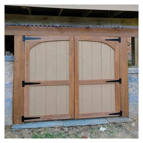 Wooden barn doors fitted with Beefy Heavy Duty T Shape Door Hinges With Screws 2 Inch Black Iron Wrought Hardware for durable support.