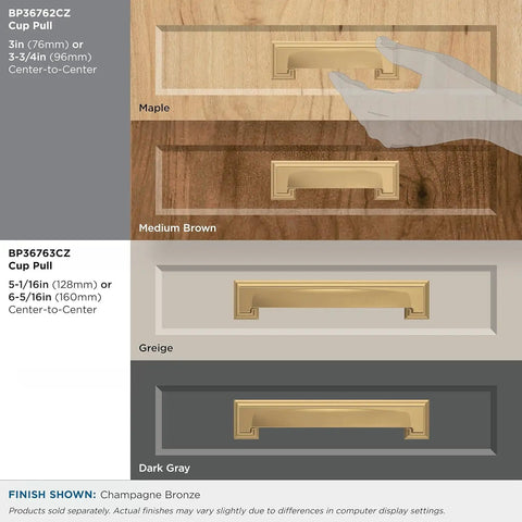 Dead Simple To Mount Cabinet Cup Pull With Slick Champagne Bronze Finish For Kitchen Drawers And Cabinets Top Shelf 3 Inch And 3.75 Inch Center To Center Hardware displayed on various drawer finishes.