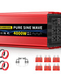 Heavy Duty Beast Mode Pure Sine Wave Power Inverter Converts 12 Volt To 120 Volt With 4000 Watt Continuous Output And 8000 Peak Watts For Rv Campers And Homes, red, includes accessories.